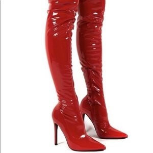 Public Desire Red Patent Leather Thigh High Boots